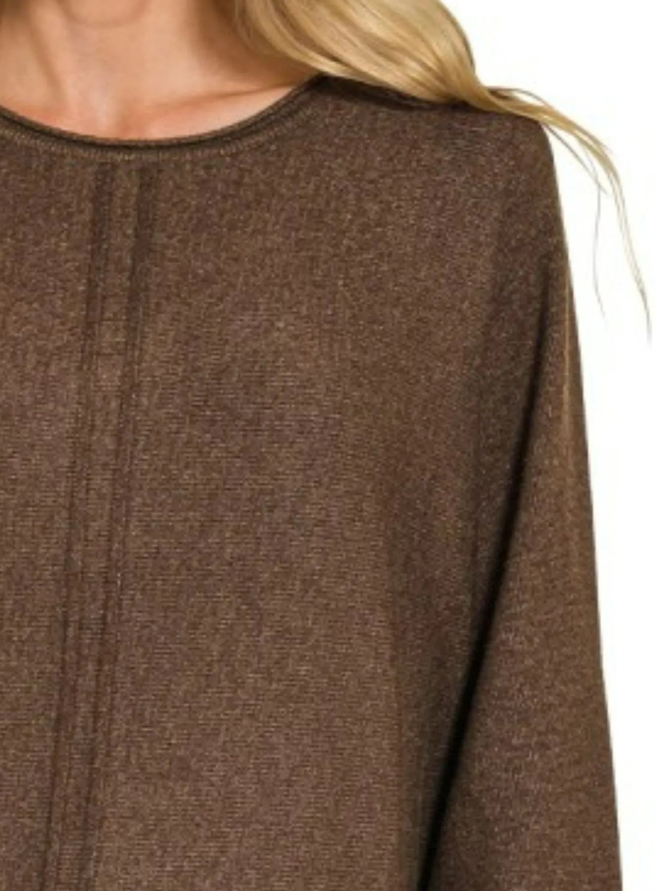 Zenana Heather Brown Viscose Front Seam Round-Neck Sweater