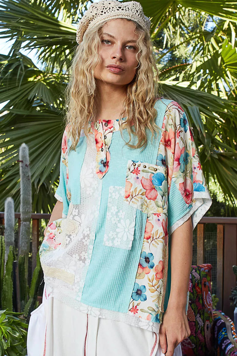 POL Aqua Lace Round Neck Short Sleeve Floral Pattern Top with Patch Detail