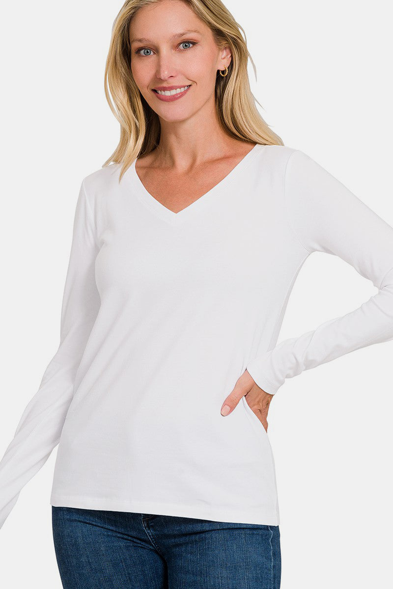 Zenana White V-Neck Long Sleeve T-Shirt White Shirts & Tops