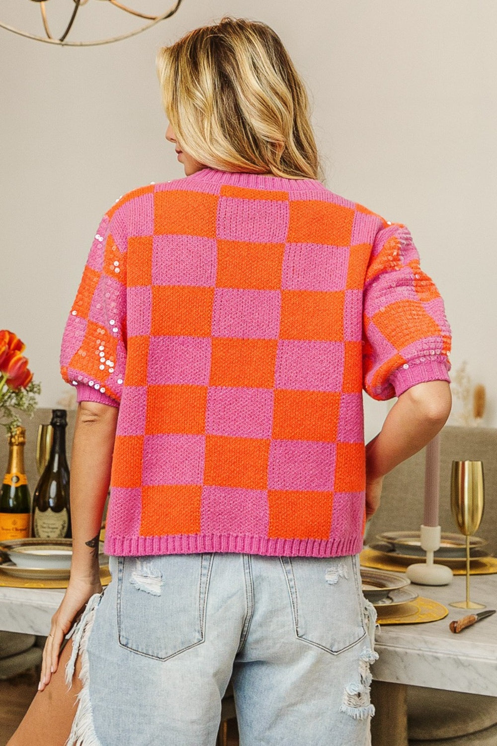 BiBi Pink & Orange Checkered Short Sleeve Sequin Sweater Trendsi