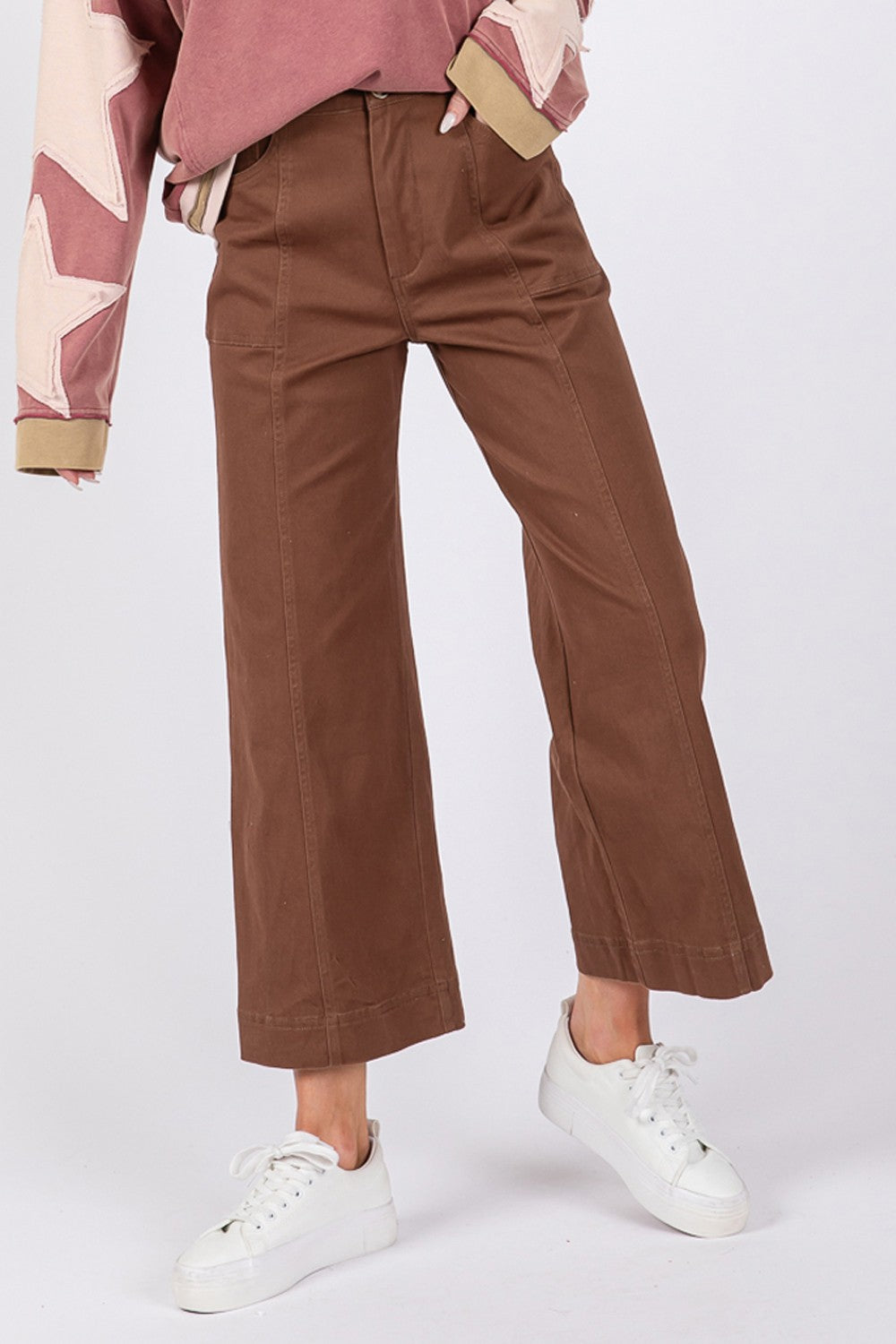 SAGE + FIG Mocha Wide Leg Cropped Pants Trendsi