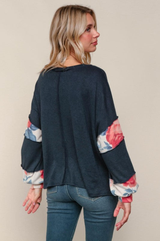 Haptics Floral Colorblock & Out-seam Overlock Stitching Long Sleeve Top