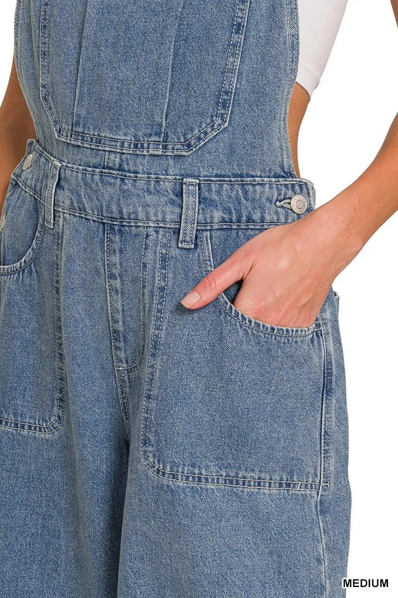 Zenana Denim Medium Washed Wide Leg Overalls
