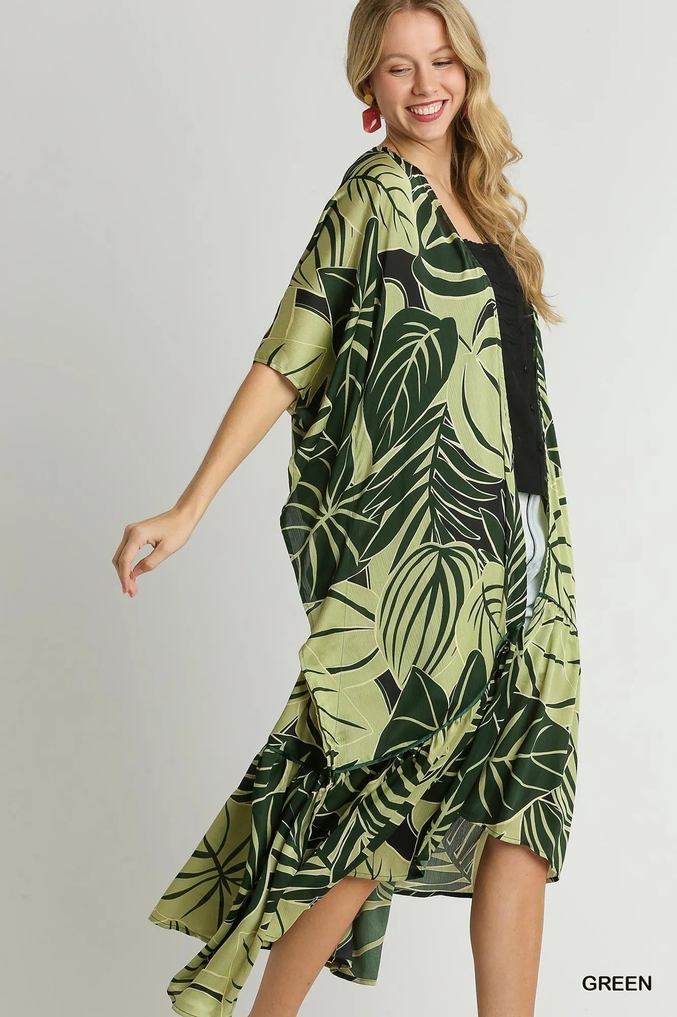 Umgee Green Satin Tropical Plant Print Open Front Kimono with Ruffle Details
