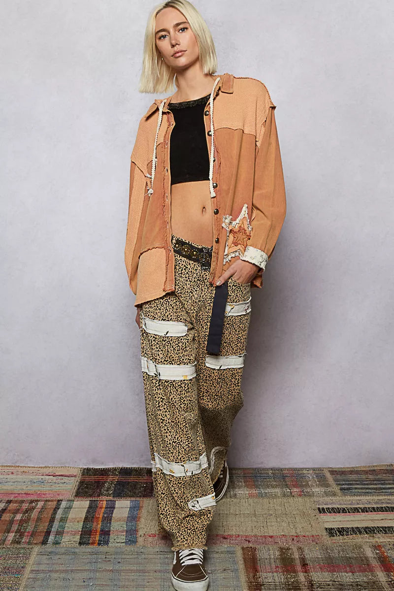 POL Burnt Sienna Button Down Hooded Jacket with with Star Patch Pattern