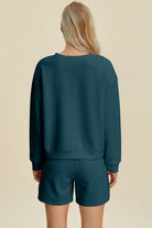 Double Take Peacock Blue Textures Round Neck Long Sleeve Top and Shorts Set Trendsi