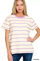 Zenana Lavender Textured Striped Crew Neck T-Shirt