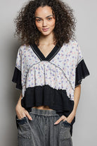 POL Black Floral Print V-Neck Woven Blouse with Gentle Gathers