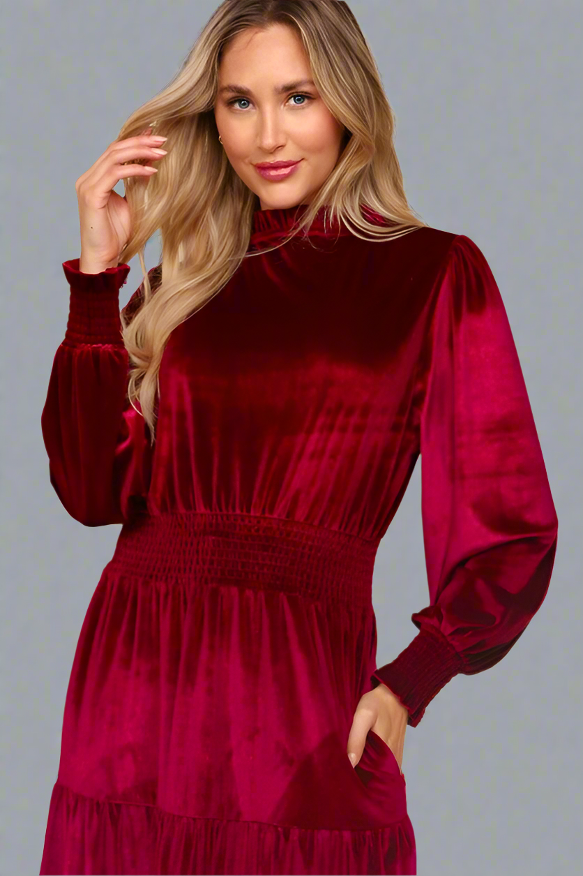 Haptics Burgundy Velvet Mock Neck Smocked Waist Dress Haptics