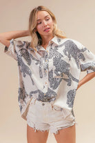 BiBi Oatmeal Leopard Print Short Sleeve Silky Satin Shirt Top