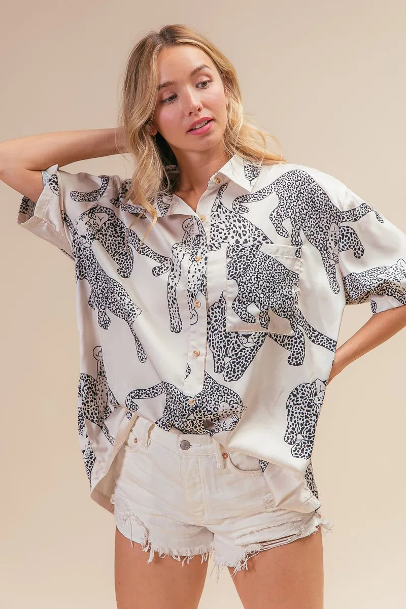 BiBi Oatmeal Leopard Print Short Sleeve Silky Satin Shirt Top