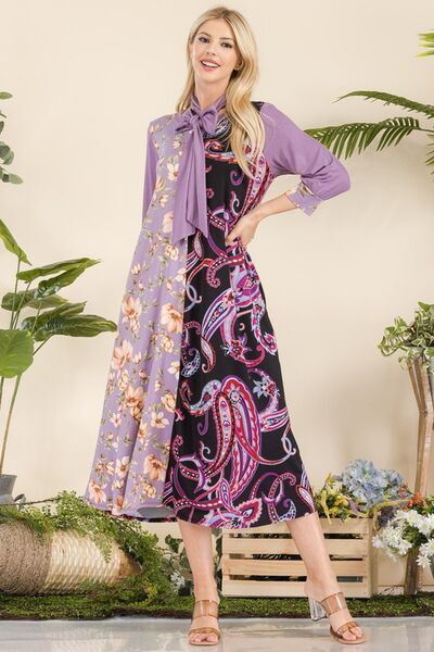 Celeste Pink & Purple Paisley And Floral Contrast Tent Midi Dress