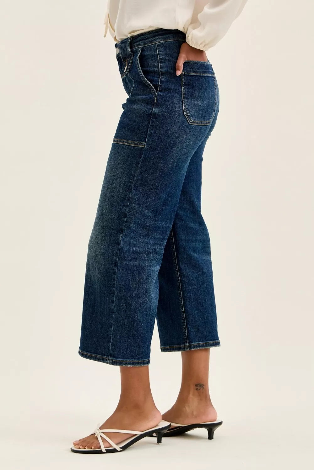 Judy Blue Dark Washed High Waist Wide Crop Utility Jeans with Patch Pocket
