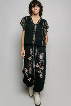POL Black V-Neck Floral Ruffle Sleeve Blouse