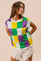 BiBi Mardi Gras Checker Pattern Sleeveless Sweater Top