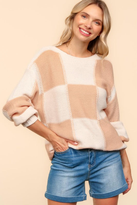 Haptics Apricot Checkered Round Neck Drop Shoulder Sweater Shirts & Tops