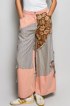 POL Peach Multi Striped Floral Patchwork Wide leg Pants with Side Big Star Patch PEACH MULTI