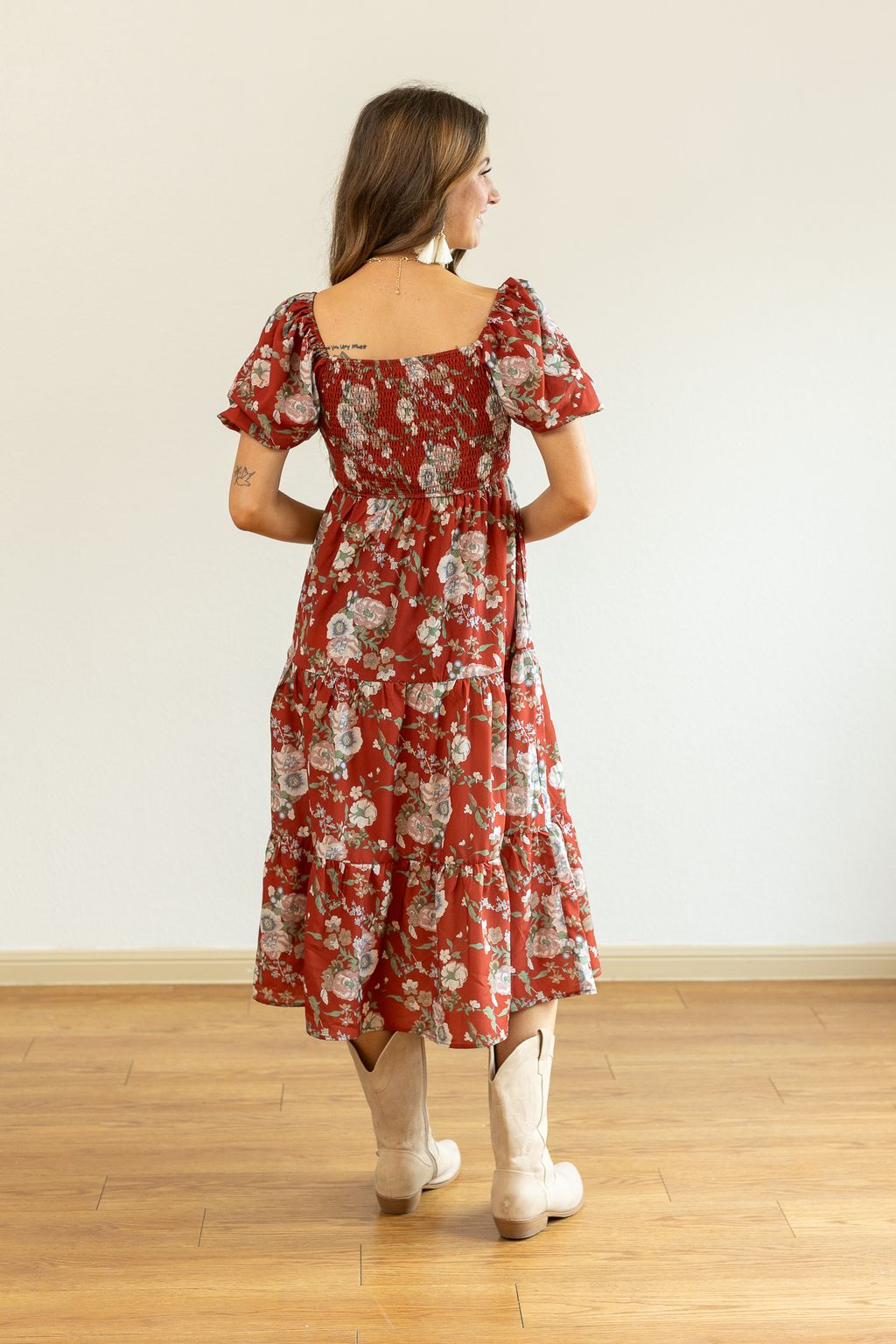 Southern Grace Elizabeth Midi Dress in Rust and Floral Dresses