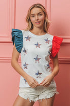 BiBi American Flag Sequin Stars Ruffled Sleeve Top