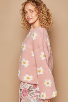 POL Soft Pink Daisy Pattern Drop Shoulder Sweater Trendsi