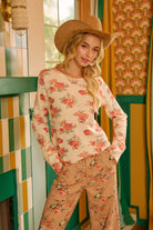 BiBi Oatmeal Floral Print Washed Waffle Thermal Top With Thumb