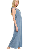 Zenana Dusty Blue French Terry Twisted Strap Midi Dress