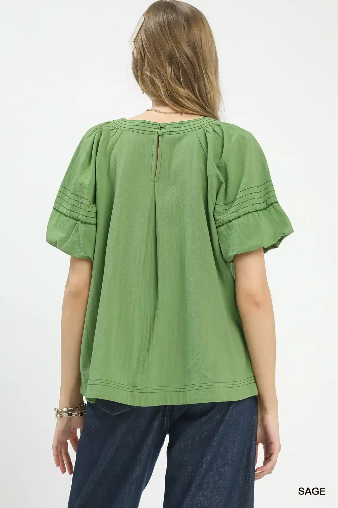 Umgee Sage Round Neck Puff Sleeve Top with Contrast Stitch Detail