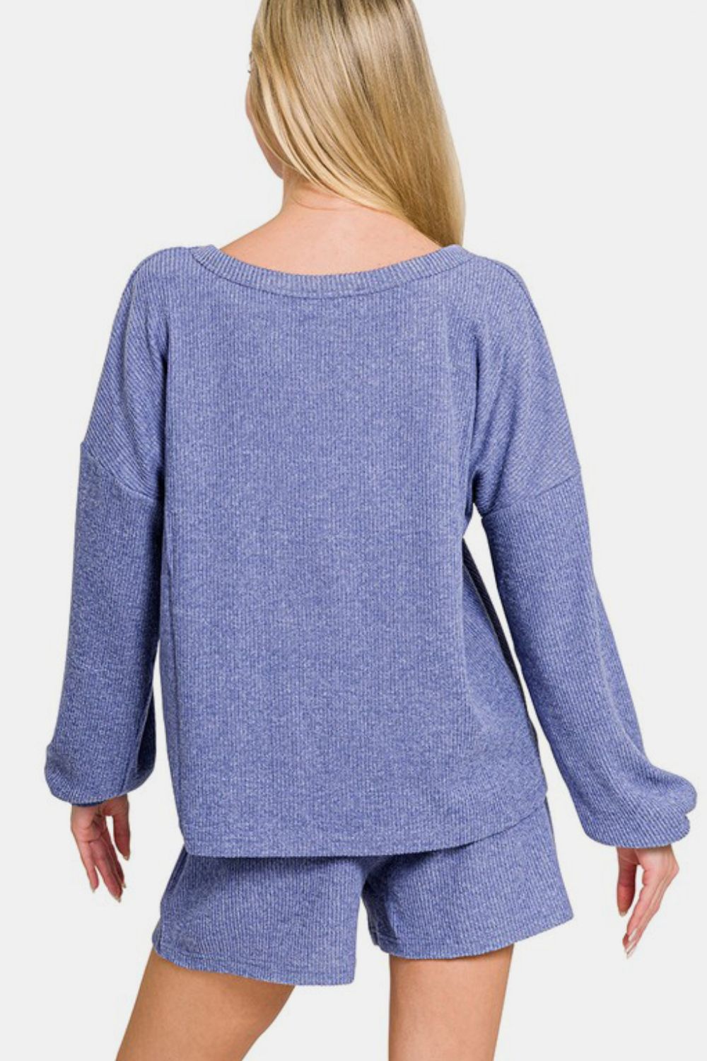 Zenana Blue Purple V-Neck Long Sleeve Ribbed Top and Shorts Set