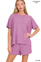 Zenana Light Plum Soft Melange Short Sleeve Tee and Shorts Set LT PLUM