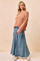 BiBi Dusty Peach Chunky Knit Sweater with Flower Detail Sleeves