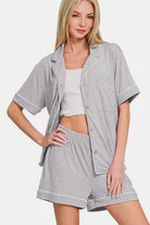 Zenana Light Grey Button Down Short Sleeve Top and Shorts Lounge Set Loungewear Set