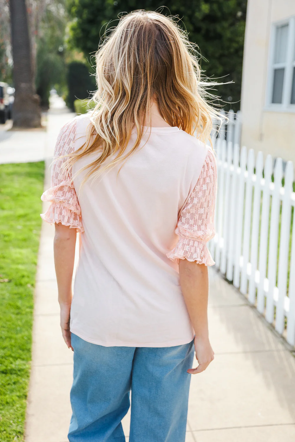 Haptics Peach French Terry Lace Sleeve Top Shirts & Tops