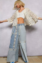 POL Floral Lace Short Sleeve Crochet Cardigan with Tassel Tie