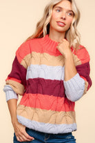 Haptics Rust Multicolor Stripe Cable Knit Mock Neck Sweater Haptics