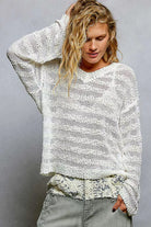 Stripe Off White Pattern V-Neck Long Sleeve Knit Top