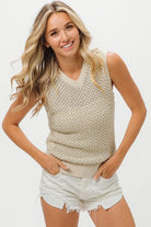 BiBi Oatmeal Knitted Beaded Pearl V Neck Sleveless Sweater Top