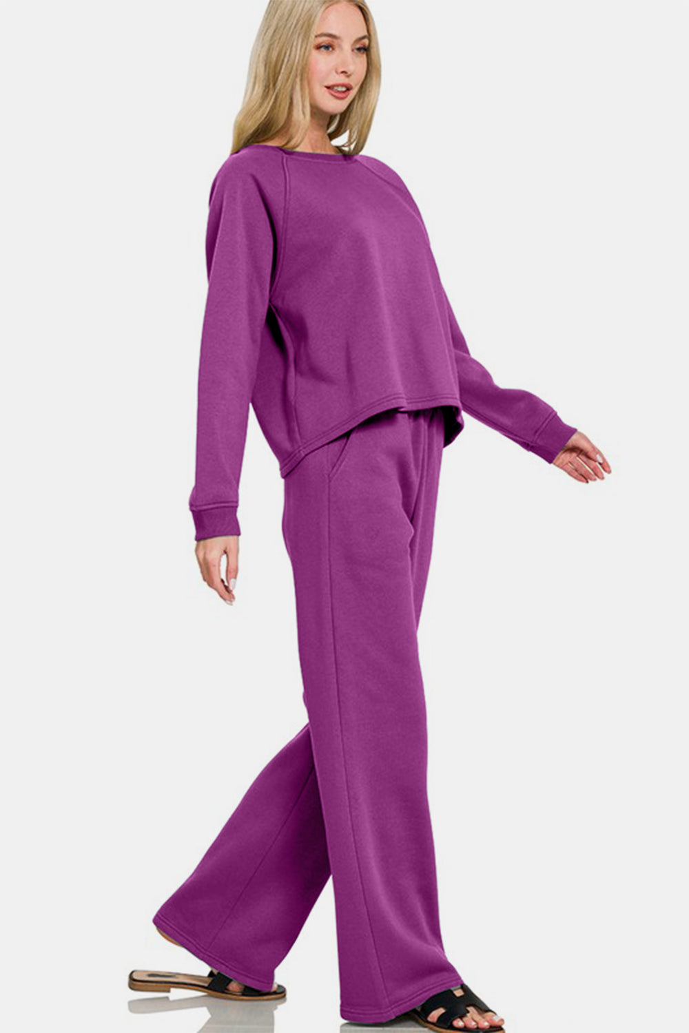 Zenana Deep Purple Round Neck Raglan Sleeve Top and Elastic Waist Pants Set Loungewear Set