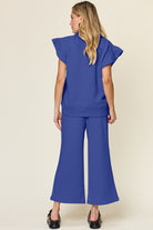 Double Take Quilted Textured Ruffle Short Sleeve Top and Drawstring Wide Leg Pants Set Trendsi