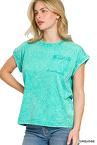 Zenana Turquoise Crinkle Washed Round Neck Folded Short Sleeve Tee TURQUOISE