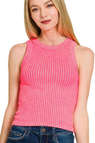 Zenana Neon Coral Fuchsia Ribbed Washed Seamless Tank Top N CORAL FUCHSIA