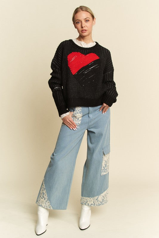 Davi & Dani Contrast Heart Dropped Shoulder Sweater