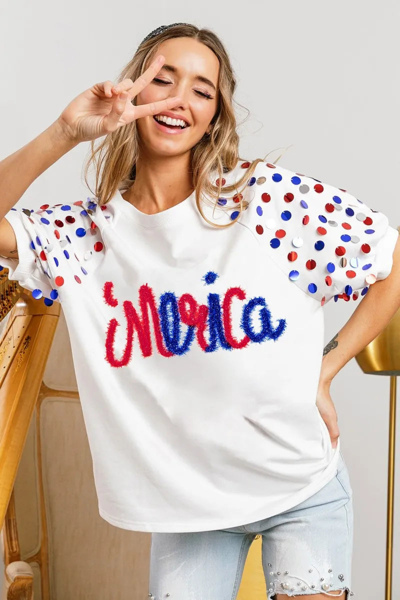 BiBi Metallic Letter Spangle Raglan Puff Sleeve Top