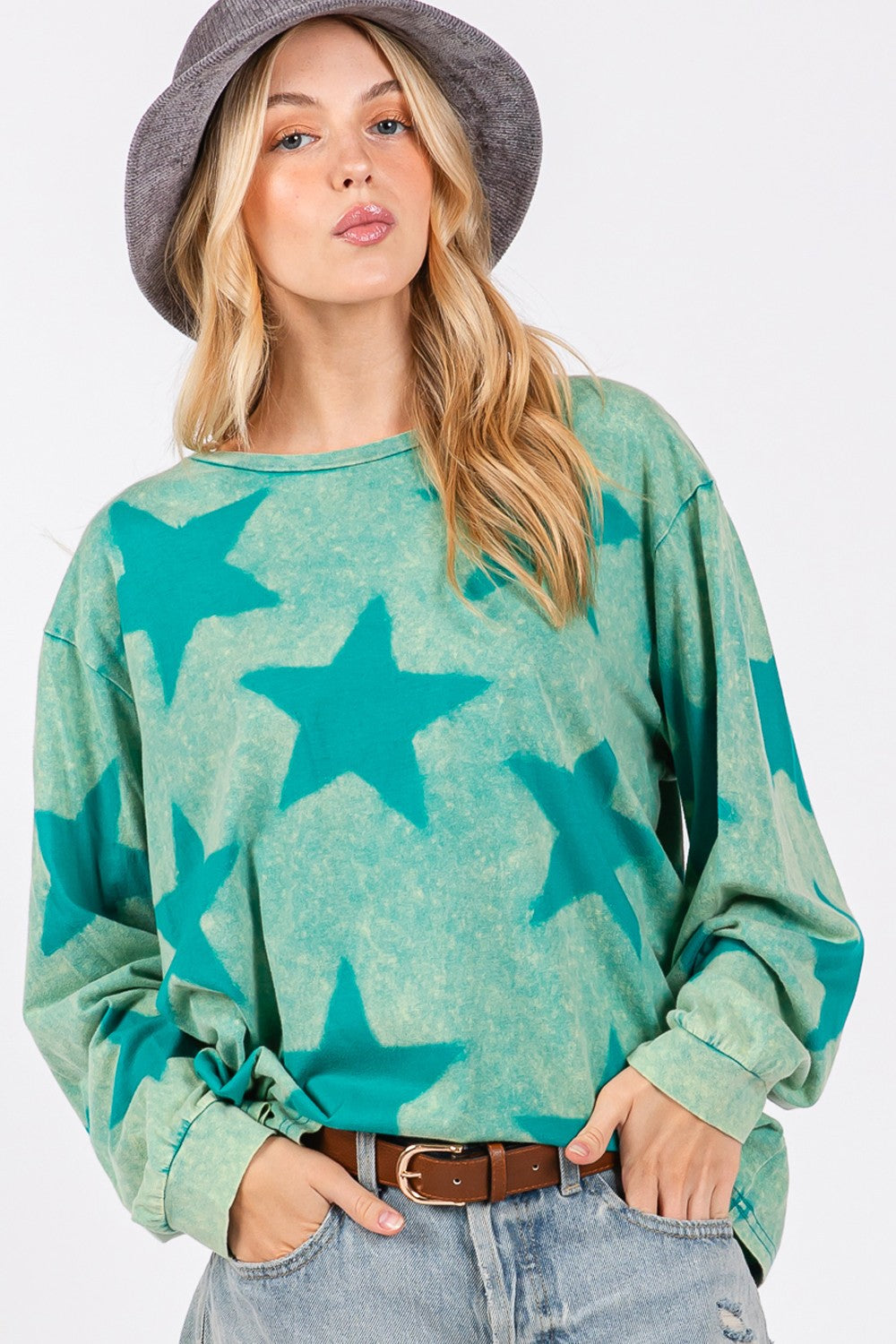 SAGE + FIG Turquoise Mineral Wash Star Pattern Top Trendsi