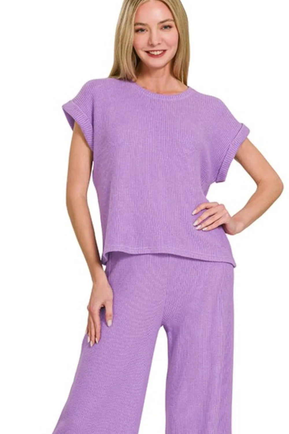 Zenana Lavender Rolled Sleeve Top and Pants Sweater Set