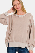 Zenana Ash Mocha Washed Exposed-Seam Sweatshirt Ash Mocha Trendsi