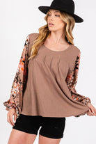 SAGE + FIG Brown Floral Long Sleeve Front Pleated Detail Blouse Brown Trendsi