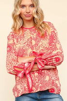 Haptics Ribbon Bow Detail Floral Round Neck Blouse Peach Coral