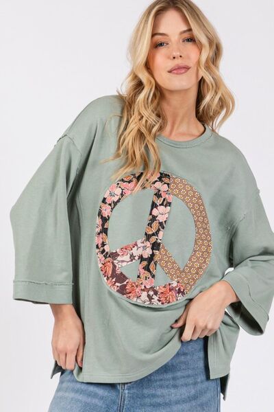 SAGE + FIG Sage Floral Peace Patch Round Neck Top