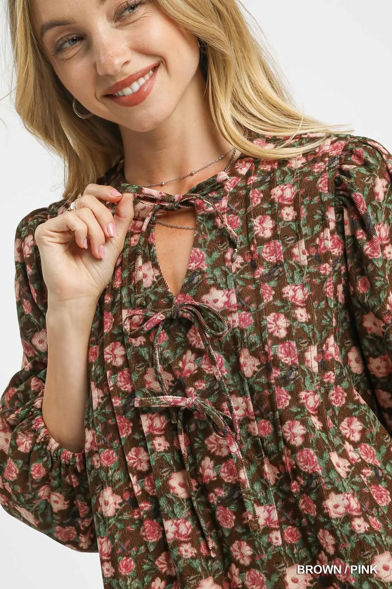 Umgee Brown & Pink Floral Tie-Neck Babydoll Dress