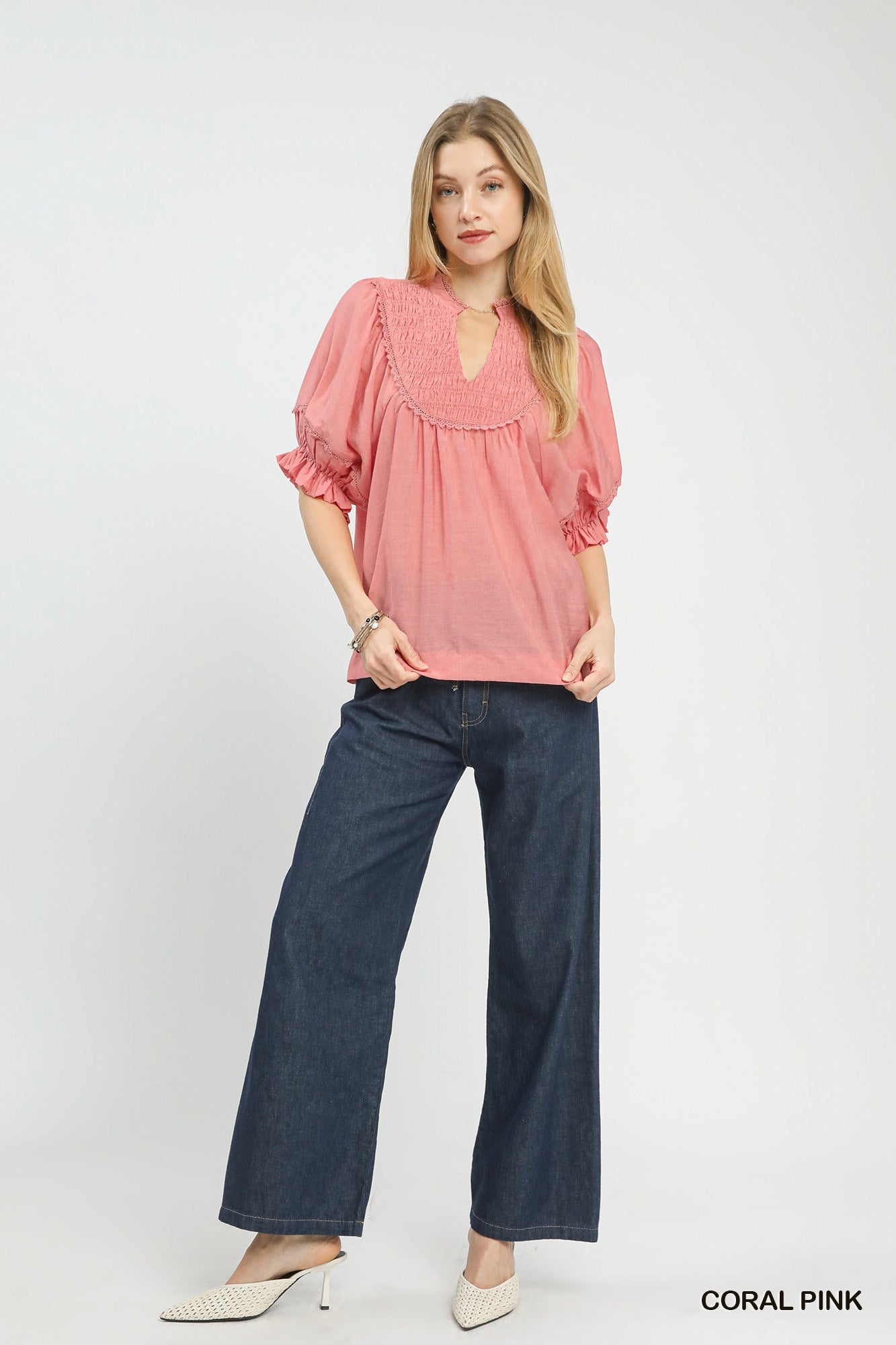 Umgee Coral Pink Smocked Yoke Blouse with Ruffle Sleeves